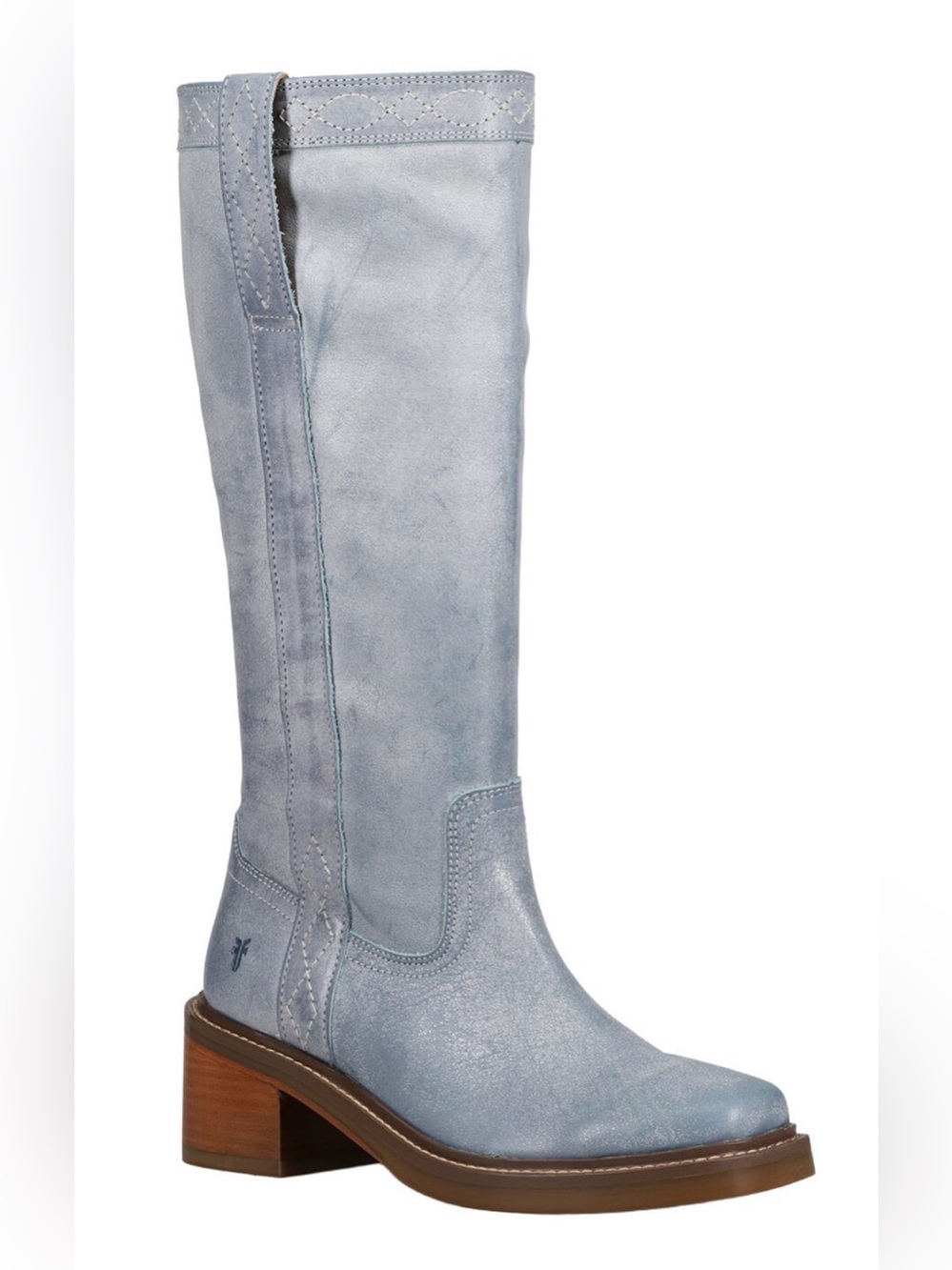 FRYE Kate Pull On Tall Leather Block Heel Boot in Light Blue. NEW IN BOX